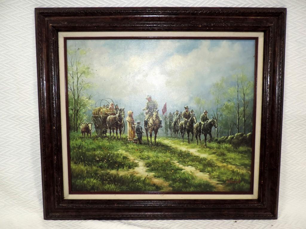 Oil On Canvas Confederate Solders Painting In Frame