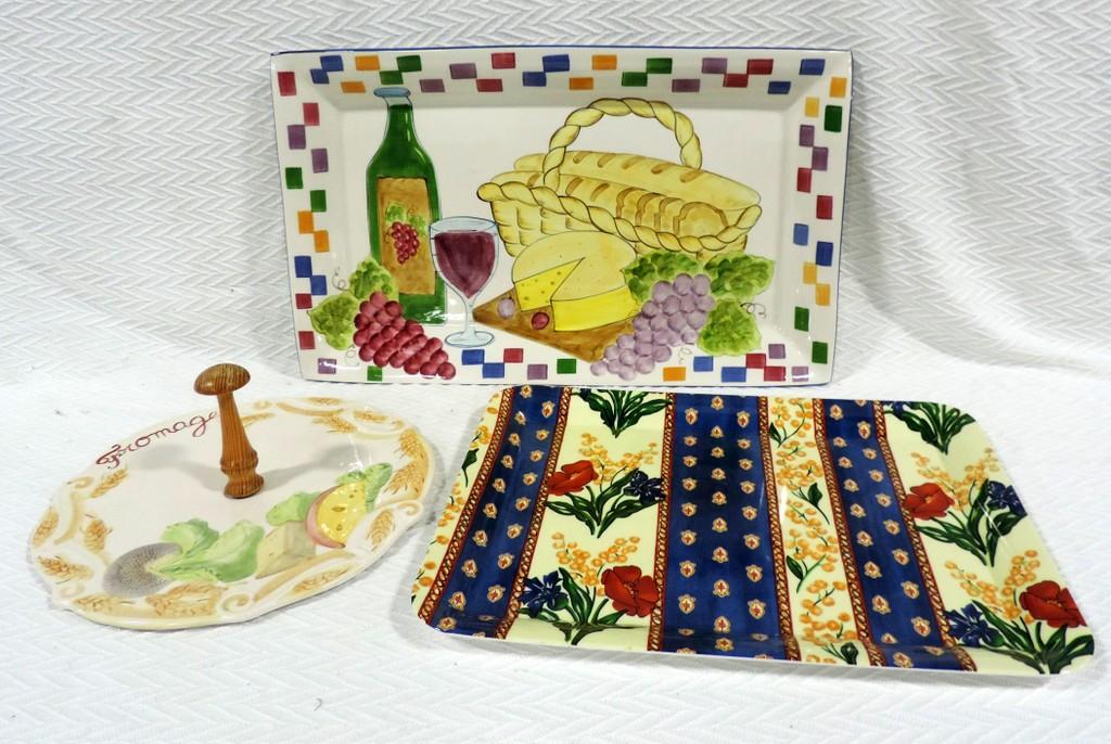 2 Large Ceramic Platters & Wood Handled Tid Bit Tray