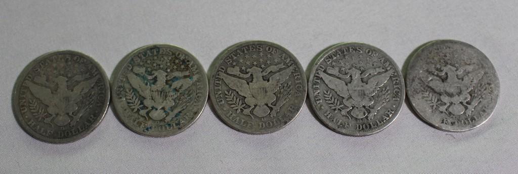 (5) Barber Half Dollars