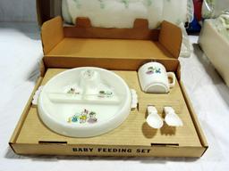 3 Vintage Baby Blankets In Boxes With HanksCraft Baby Feeding Set In Box