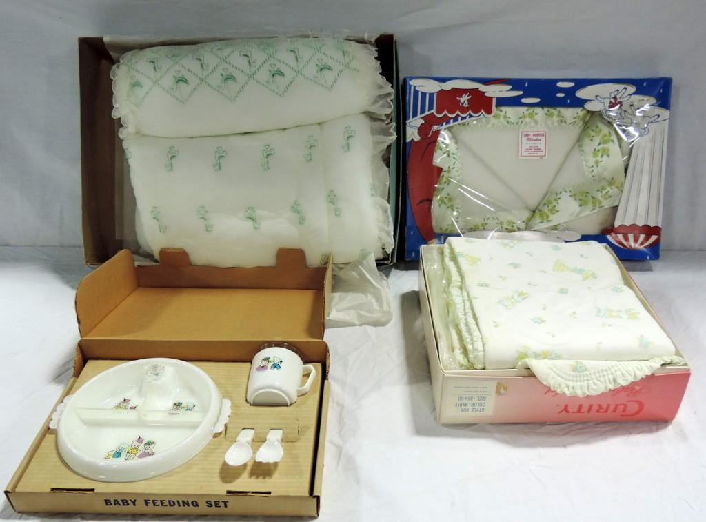 3 Vintage Baby Blankets In Boxes With HanksCraft Baby Feeding Set In Box