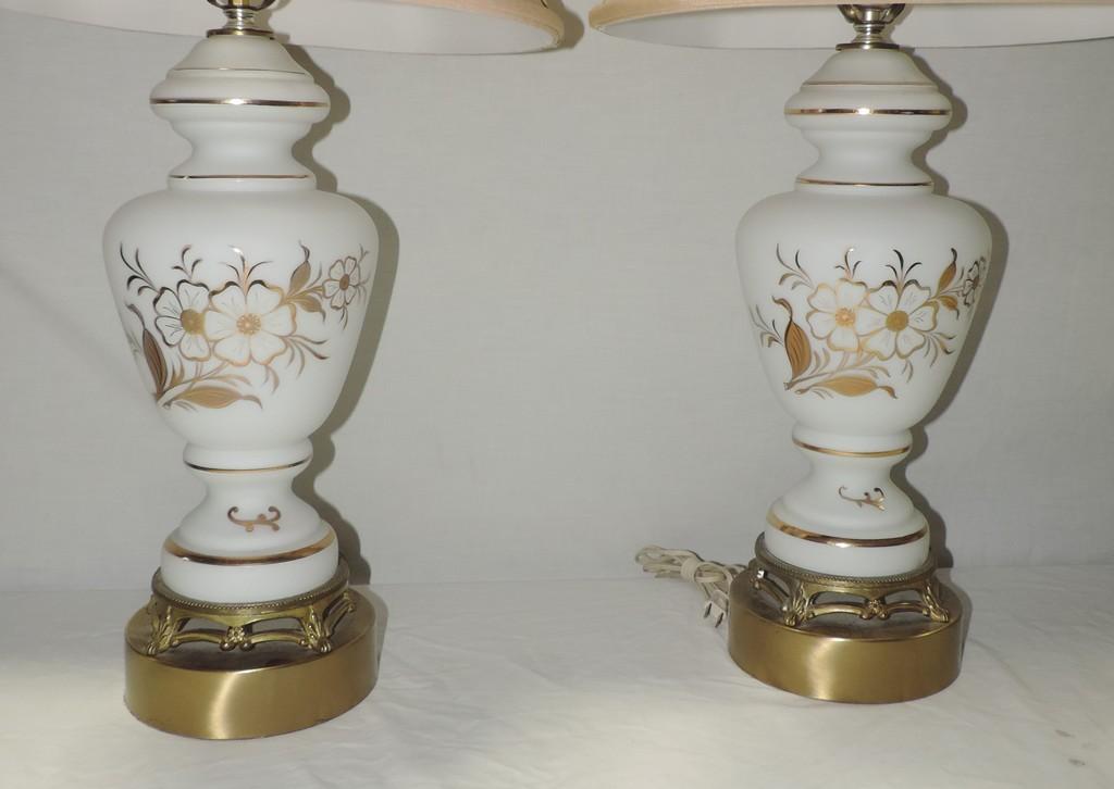 Pair Of Vintage Gold Decorated Floral Pattern Frosted Glass Table Lamps