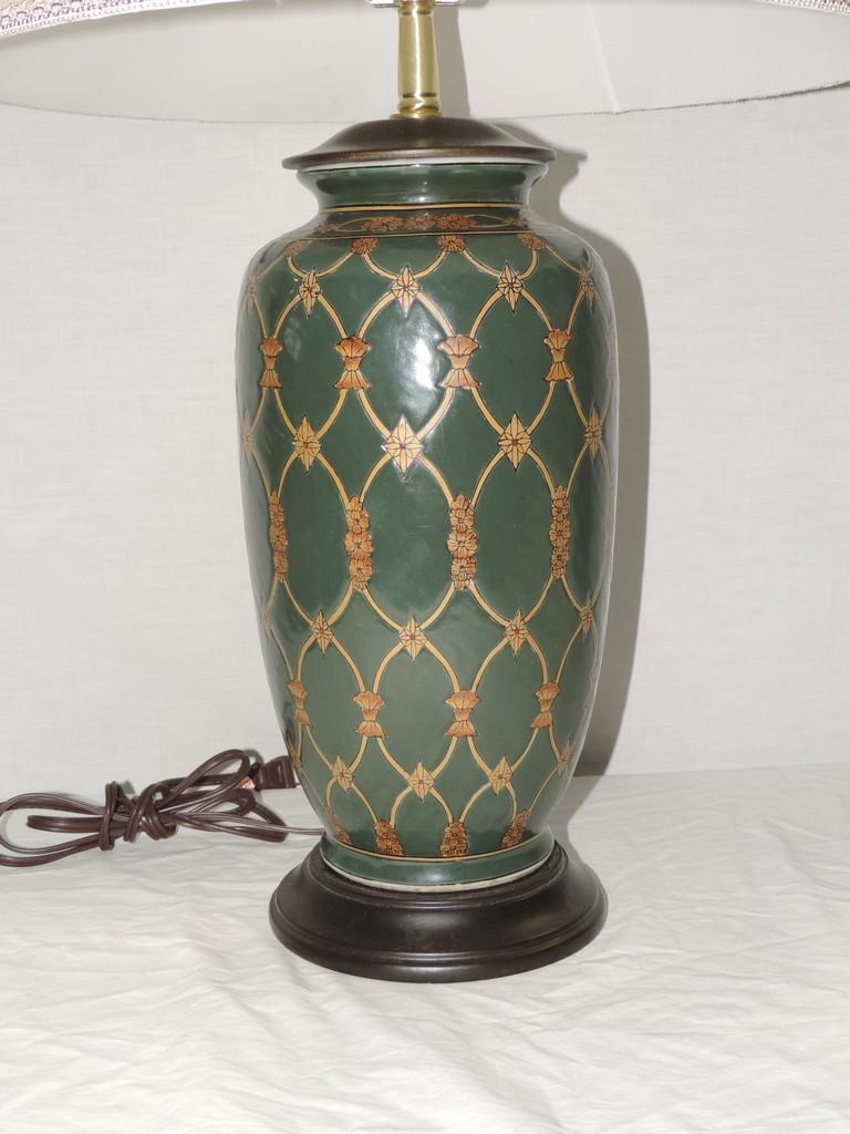 Green Ceramic And Gold Table Lamp With Shade