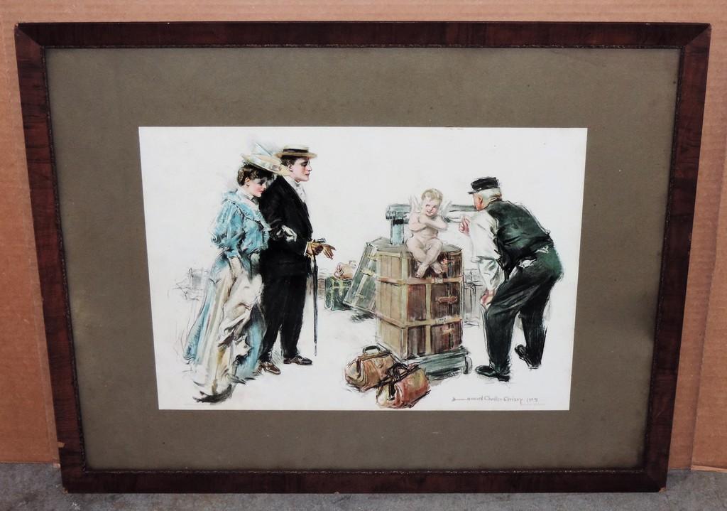 Antique Howard Chandler Christy "Express Baggage" 1905 In Wood Frame