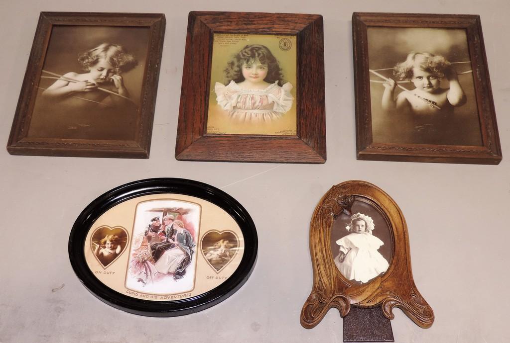 Tray Lot Cupid Photo Prints In Frames, Oak Framed Singer Sewing Ad & Others