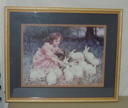 Gold Framed Victorian Style Color Print Of Child Feeding Rabbits