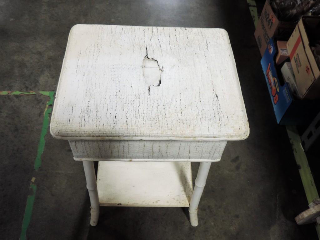 Antique White Rattan & Bamboo Sewing Stand