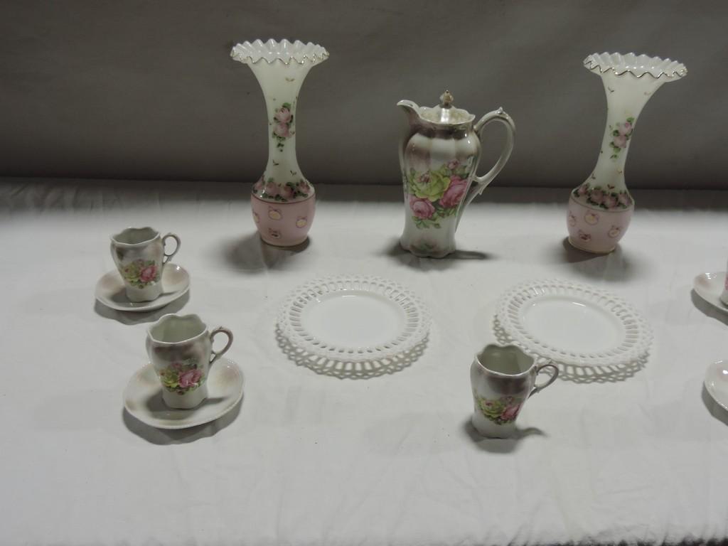 Chocolate Set, Milk Glass Vases & 2 Plates