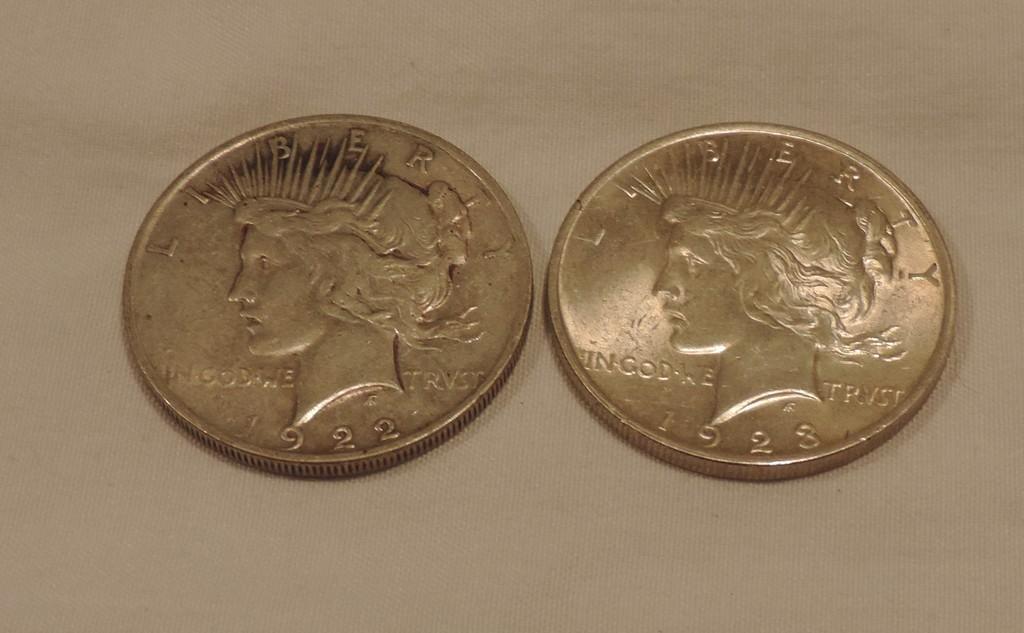 (2) Peace Silver Dollars