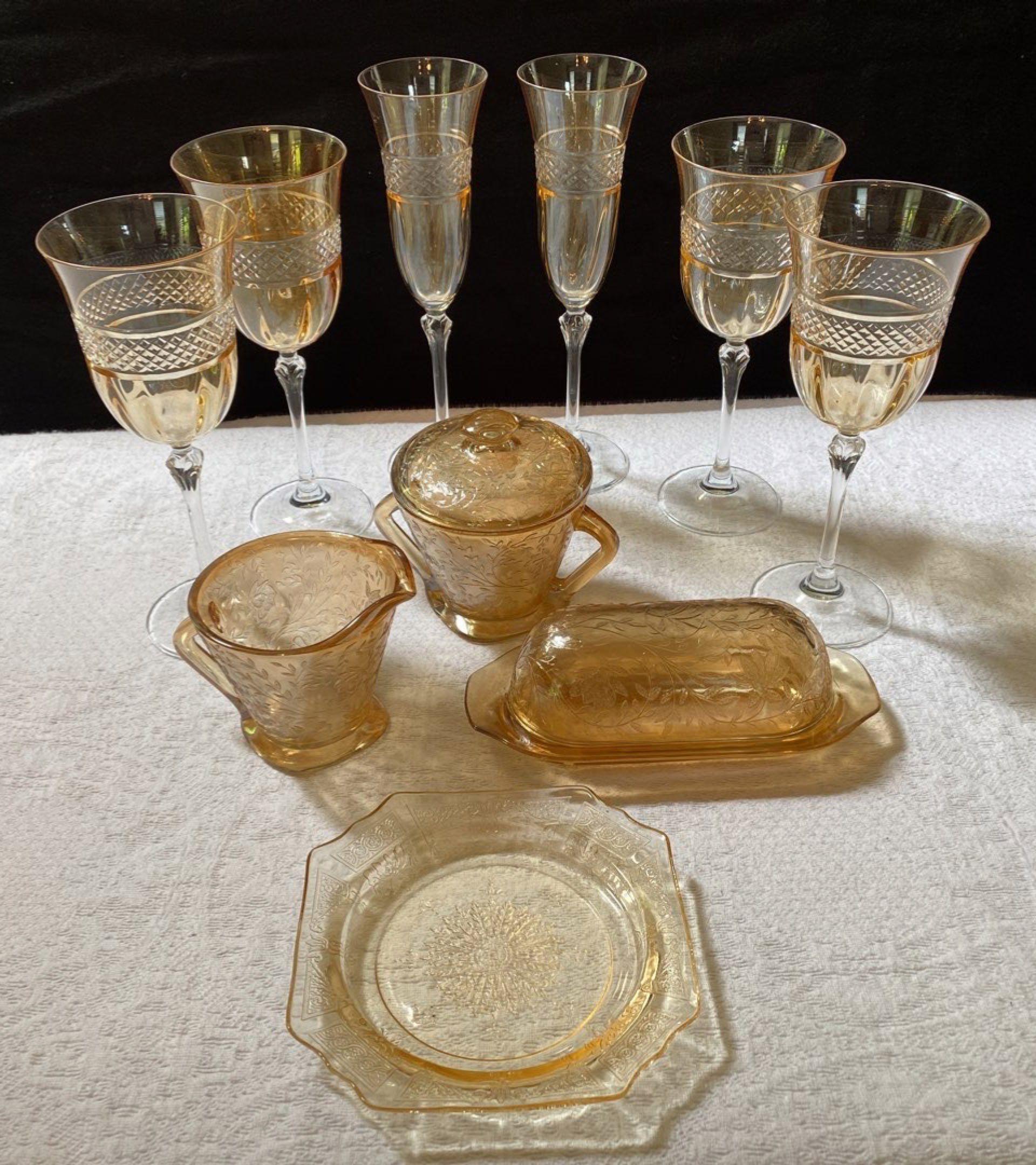 Lot of Gold Floreline Depression Glass and Gold Wine Goblets