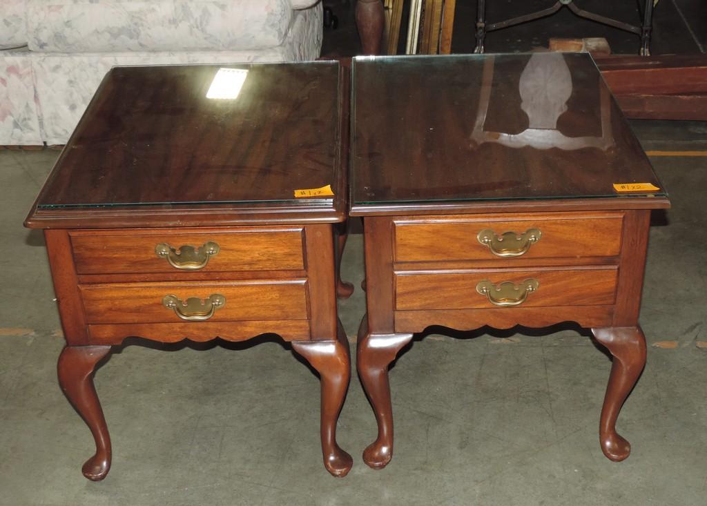 Pair Of Mahogany Hinkle Harris End Tables With Glass Tops