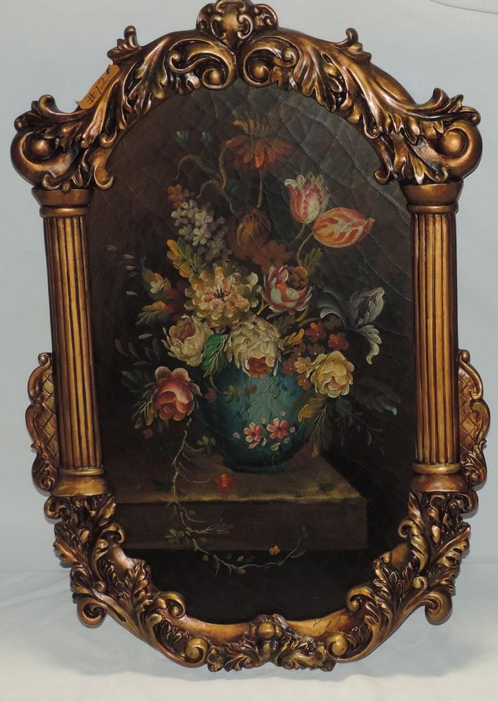 Fancy Gold Framed Oil On Board Faux Painting Of Flowers In Vase