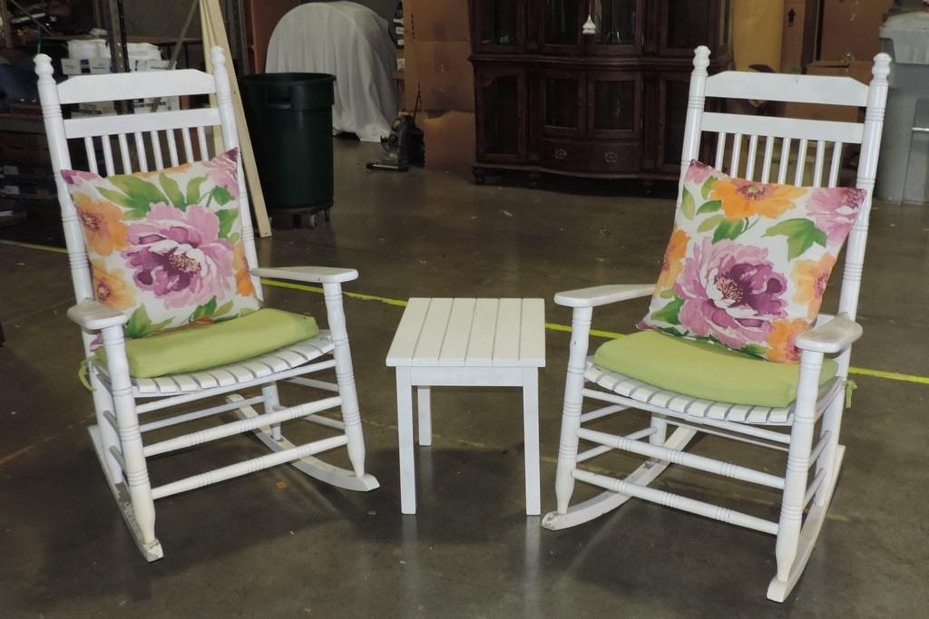 Pair Of Cracker Barrel White Porch Rockers With Matching Side Table