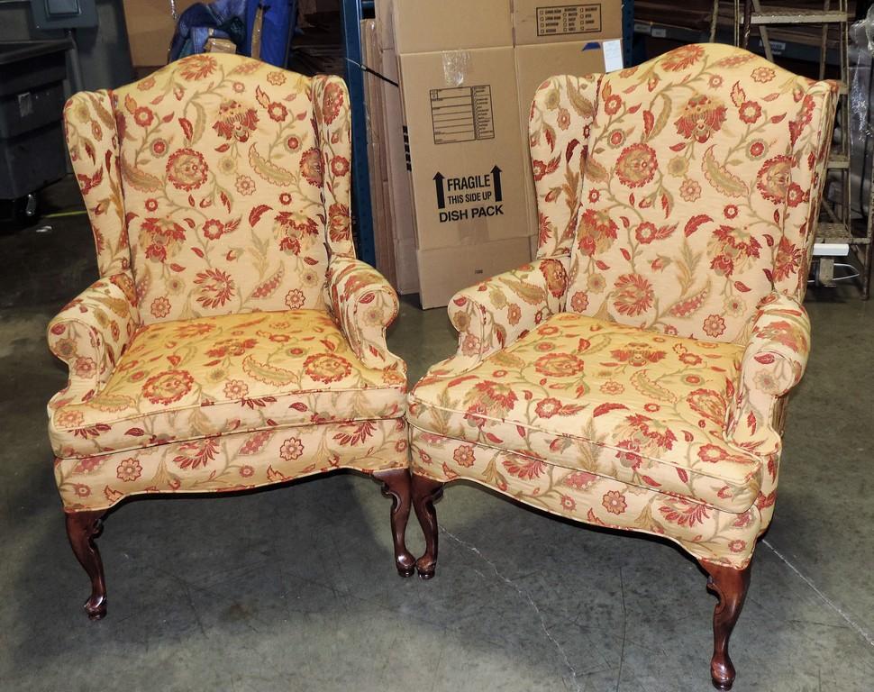 Nice Pair Of Rust & Sage Green Floral Upholstered Wing Chairs