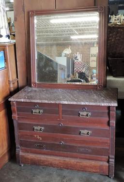 Victorian Eastlake Period Walnut Marble Top Chest With Mirror