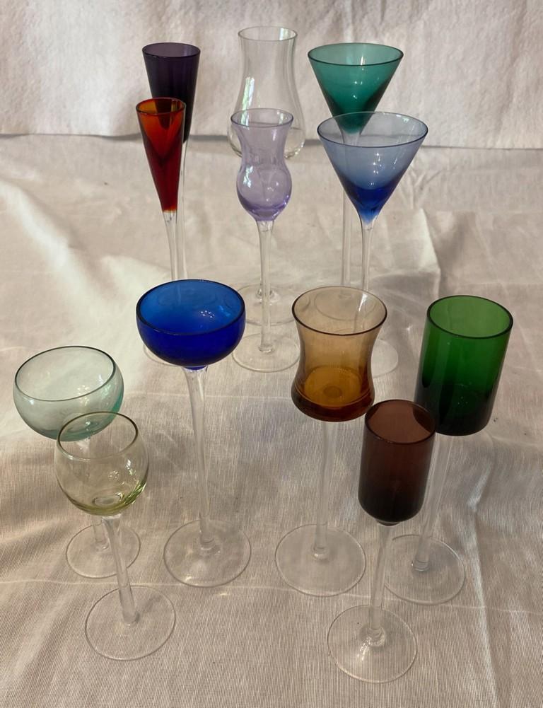 13 Pc Lot Colored Glass Footed Cordials