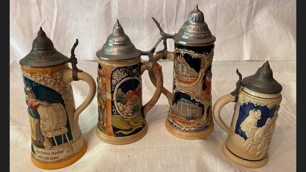 4 German Decorated Ceramic Steins