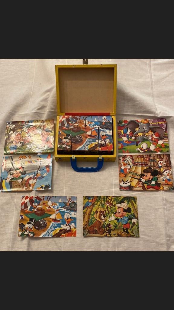 3 Tin Noisemakers With Wood Disney-Mickey Mouse Picture Cubes In Box