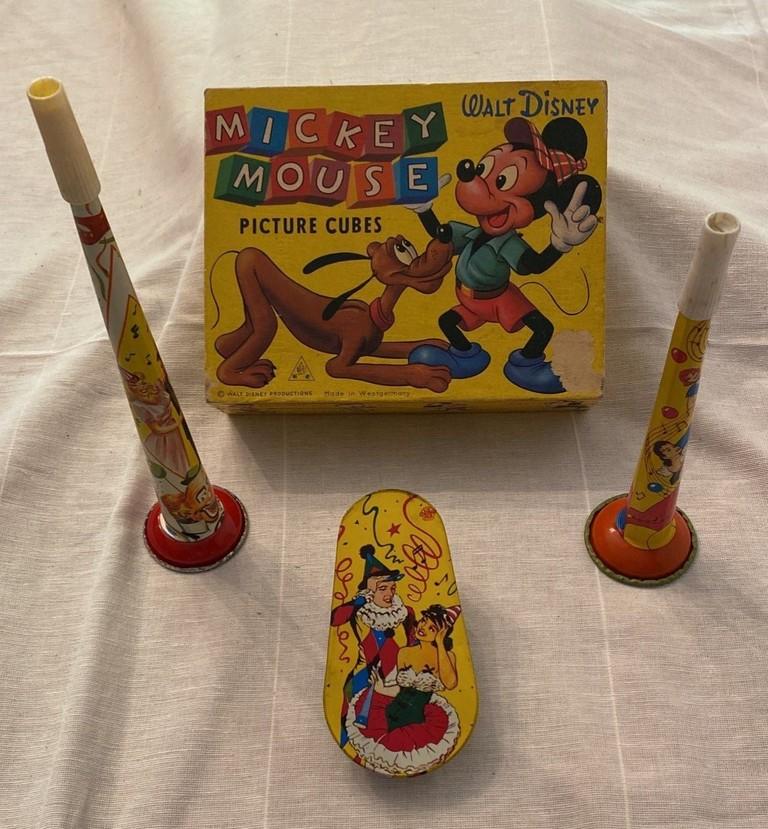 3 Tin Noisemakers With Wood Disney-Mickey Mouse Picture Cubes In Box