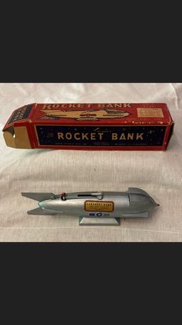 Hard To Find Cabarrus Bank & Trust Co Mechanical Rocket Bank In Original Box
