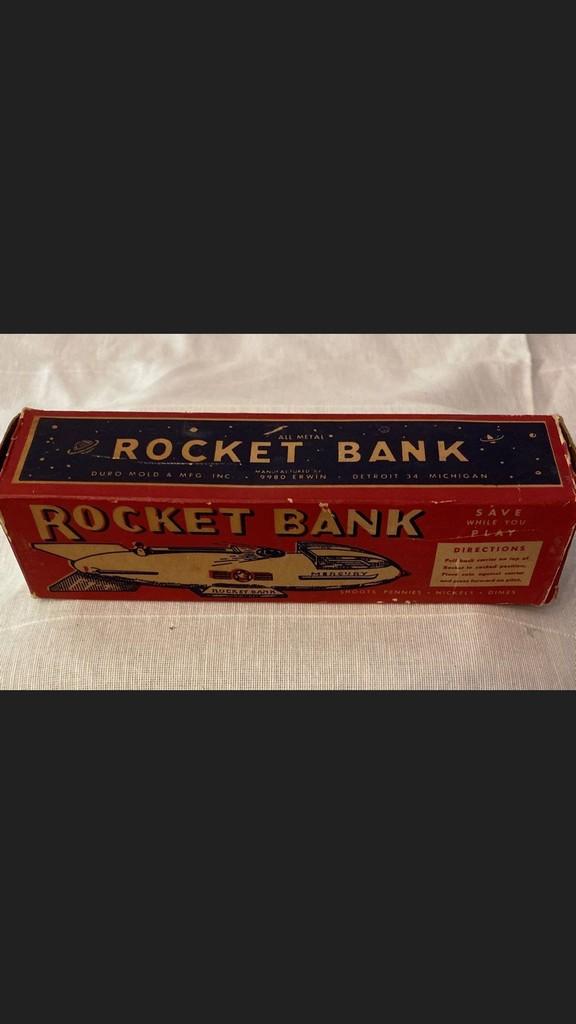 Hard To Find Cabarrus Bank & Trust Co Mechanical Rocket Bank In Original Box