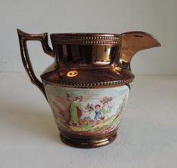 Antique Canary Copper Luster Pitcher & Copper Luster Embossed Pitcher