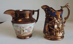 Antique Canary Copper Luster Pitcher & Copper Luster Embossed Pitcher