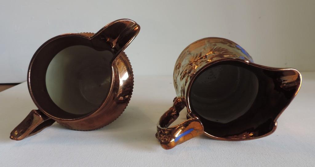 Antique Canary Copper Luster Pitcher & Copper Luster Embossed Pitcher