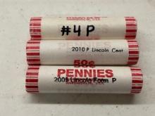 3 Bank Sealed Rolls Uncirculated 2009 & 2010 Shield Back Pennies