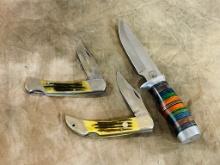 Fixed Blade Knife And 2 Folding Knives