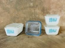 Set Of 3 Pyrex Rooster Refrigerator Dishes & Blue Fire King Dish