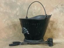 Black Metal Coal Bucket And Log Tongs