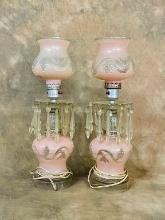 Pair Of Pink Frosted Glass Depression Era Dresser Lamps