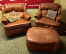 Pair of Vintage Benchcraft Leather Arm Chairs and Ottoman
