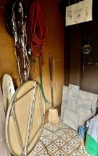 Corner Lot of Electric Drop Cord, Round Folding Table and Marble Items