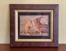 Antique Marquetry Picture of Lion in Outstanding Frame