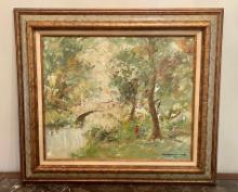 Signed French Impressionist Oil On Canvas In Gold & Green Painted Frame