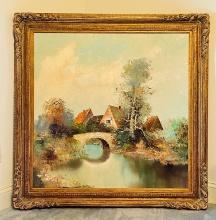 Vintage Oil On Canvas English Cottage Scene In Carved Frame
