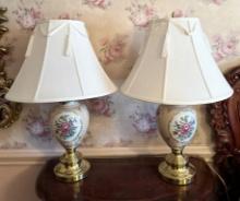 Pair Of Painted Porcelain & Brass Vase Shape Table Lamps
