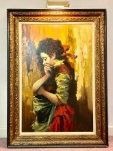 Signed Oil On Canvas Of Young Woman In Carved Frame