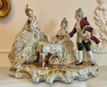 Large Dresden Fine Porcelain Scene of Two Lace-Dressed Ladies and a Gentleman in a Parlor