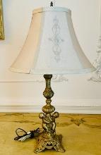 Gild Metal Cherub Designed Table Lamp with Cloth Embroidered Shade