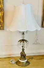 Gold Gilt Cherub Table Lamp With Crystal Prisms