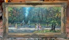 Wonderful French Impressionist Oil Painting On Canvas Of A Park Scene Artist Signed