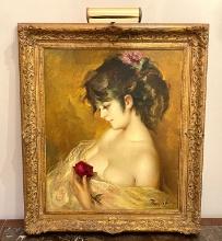 Jose Puyet Padilla Oil On Canvas Of A Lovely Woman Holding Rose