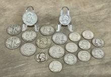 Collection of Nine Silver Half Dollars and Eleven Silver Quarters