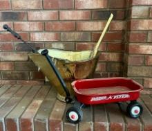 Brass Coal Bucket with Two Fire Tools and Toy Radio Flyer Wagon