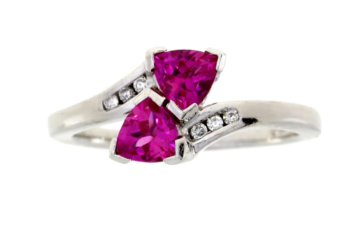 NEW Created Pink Sapphire & .06ct Diamond Ring Sterling Silver, Ring Size: 07, Gram Weight: 3.1 g, D