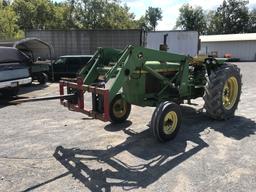 John Deere 2130 tractor with 146 front end leader, 8 speed lo-hi range, shows 1372hrs, needs seat, s