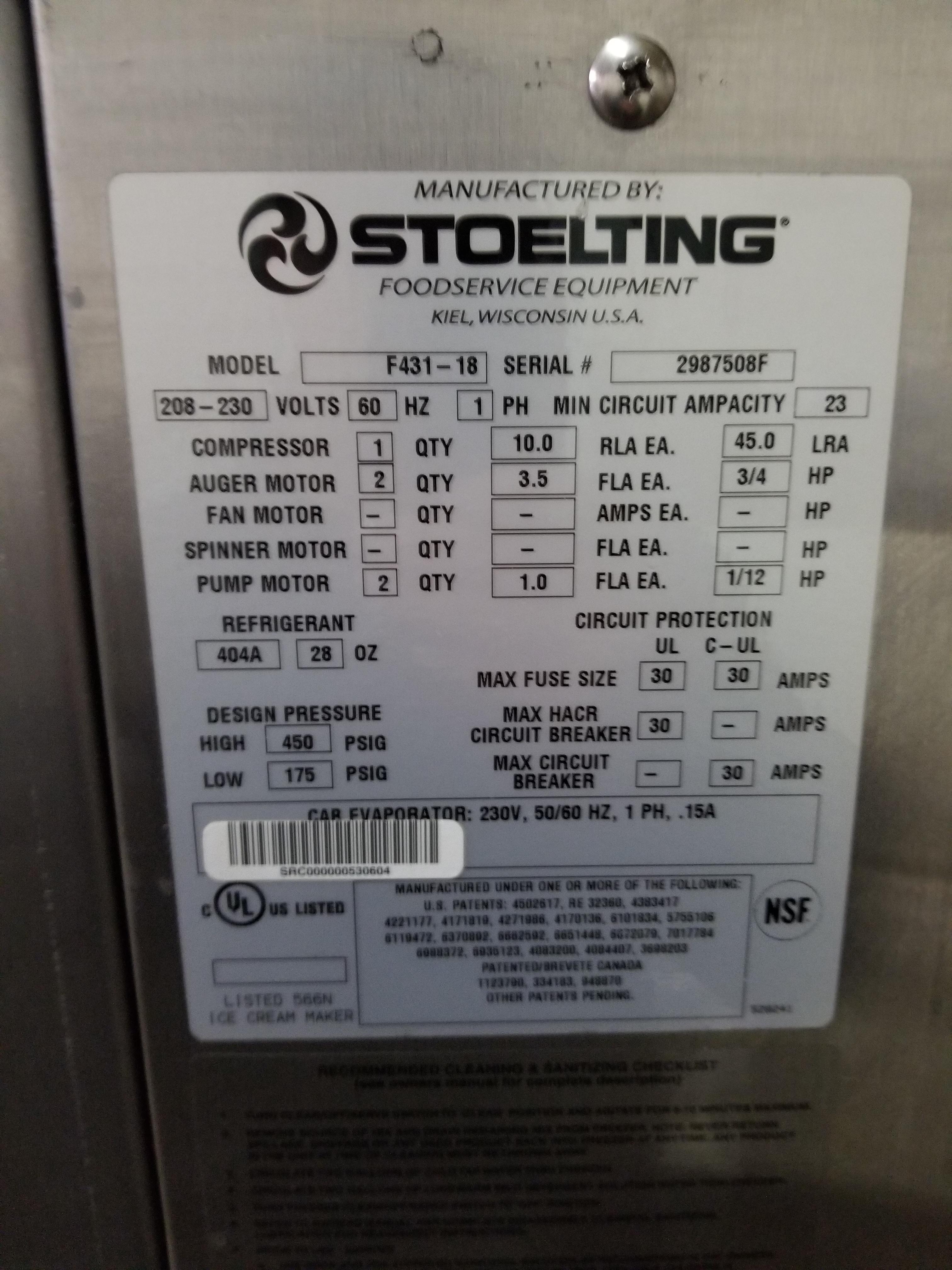 STOELTING Mod F431-18 Soft Serve Freezer Machine